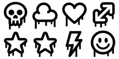 A collection of eight black and white dripping icons featuring a skull, cloud, heart, and more glyphs