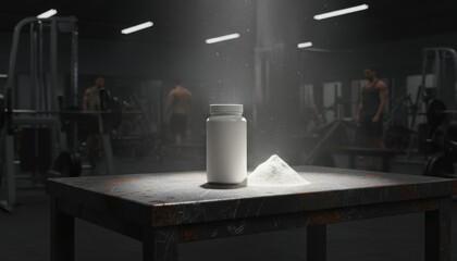 White supplement jar with heap of powder under spotlight on gym table. Perfect for nutrition, protein, bodybuilding, recovery, fitness, energy, health, sports, minimal.