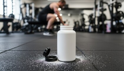 White protein supplement bottle with spill on gym floor, keys. Ideal for fitness, nutrition, clean, pre-workout, healthy, sports, gym, power, product, energy, strength.