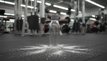 Water bottle with splashes on gym floor among workout equipment. Ideal for fitness, hydration, sports, energy, refreshment, health, lifestyle, gym, training, cool, bottle.