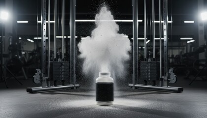  Supplement can with dramatic powder explosion in black and white gym. Fitness nutrition, workout, energy, power, minimal advertising, strength, athlete, bodybuilding, motivation, product shot, 