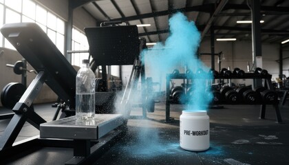 Blue pre-workout powder can with dramatic splash in gym, weight bench, water bottle. Performance boost, supplement, sports nutrition, energetic, strength, workout inspiration, trend, gym advertising.
