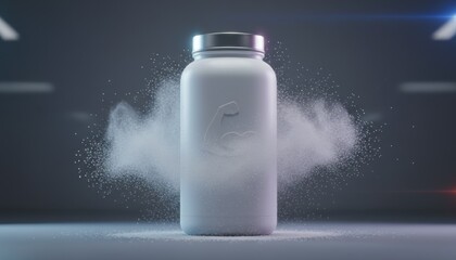 White supplement bottle surrounded by an explosion of powder on gray background. Best for protein, sports nutrition, fitness, clean, product, blank, energy, modern.