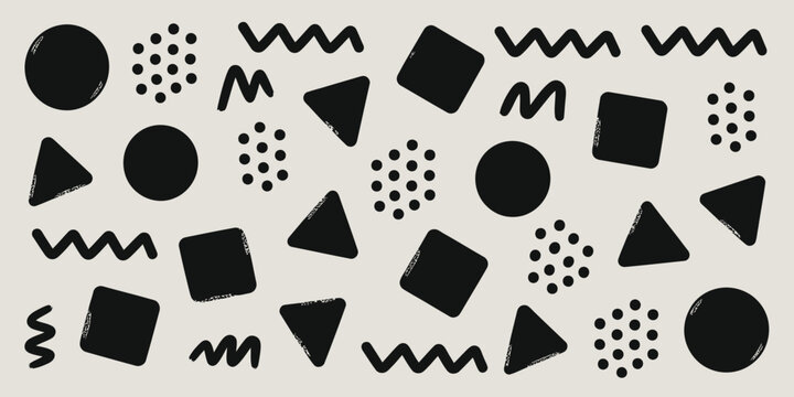 A pattern with black geometric shapes including circles squares triangles dots and wavy lines on a white background