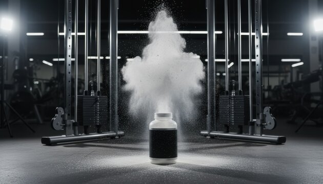 Supplement can with dramatic powder explosion in black and white gym. Fitness nutrition, workout, energy, power, minimal advertising, strength, athlete, bodybuilding, motivation, product shot,