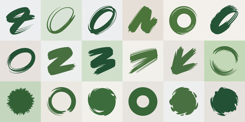 A collection of twenty green brush stroke shapes arranged in a rectangular grid on a light background