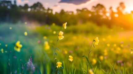 Abstract soft focus landscape of a serene field with swaying yellow flowers and lush green grass in a vibrant meadow, bathed in the warm golden light of a sunset or sunrise,