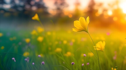 Abstract soft focus landscape of a serene field with swaying yellow flowers and lush green grass in a vibrant meadow, bathed in the warm golden light of a sunset or sunrise,