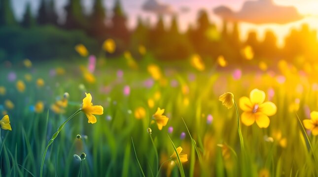 Abstract soft focus landscape of a serene field with swaying yellow flowers and lush green grass in a vibrant meadow, bathed in the warm golden light of a sunset or sunrise,