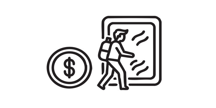 Traveler and portal line icon, metaverse concept. Vector graphics. Man with another reality, man and coin sign on white background, style icon mobile or web design.