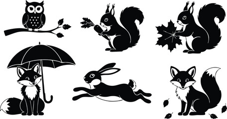 Forest animals fox squirrel owl rabbit black silhouette vector illustration