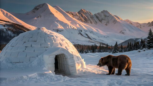 A massive, wild brown bear stands motionless beside a snow-draped igloo nestled in the heart of a silent, mountainous winter landscape at the first light of dawn