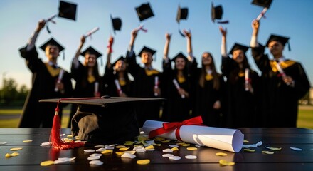 Joyful diverse students celebrating academic success outdoors, throwing mortarboard hats into the bright blue sky. Diplomas rest on a wooden surface with scattered petals.