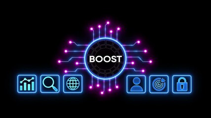 Digital boost concept with glowing neon circuit board connecting to user profile target and lock icons on black background futuristic technology and data analytics visualization