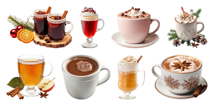 PNG Assorted festive holiday beverages, element set on transparent background