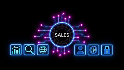 Digital sales network hub with glowing neon circuit connections and business icons for customer acquisition target achievement and security - Powered by Adobe