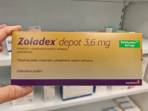Prague,Czech Republic-May 6 2025: ZOLADEX (goserelin) implant by AstraZeneca used for hormone-sensitive cancers like prostate and breast cancer and for endometriosis treatment.