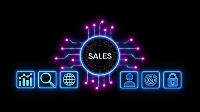 Digital sales network hub with glowing neon circuit connections and business icons for customer acquisition target achievement and security