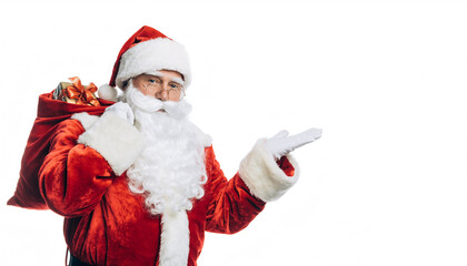 Santa Claus with gift sack is gesturing toward your product, perfect for holiday sales, festive cheer, and Christmas promotions this winter season