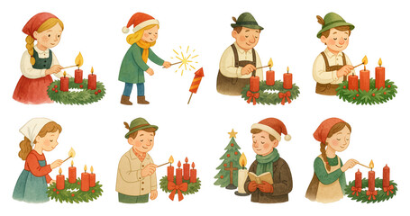 Fototapeta premium PNG Charming holiday candle lighting illustrations, element set on transparent background