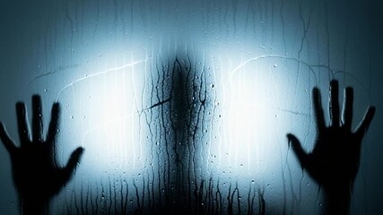 Spooky Silhouette A Figure Behind Glass - Chilling Shadow and Handprints