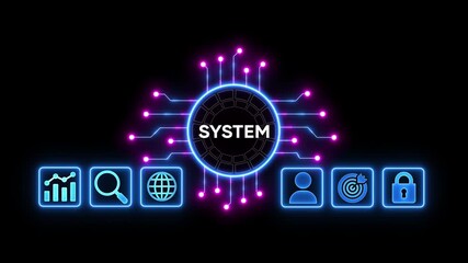 Futuristic neon system interface with glowing circuit board connections and digital icons representing user profile target and security lock on a dark background conceptual technology network - Powered by Adobe