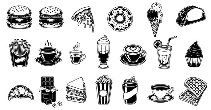 Delicious fast food and refreshing drinks collection perfect for menu designs and food blogs