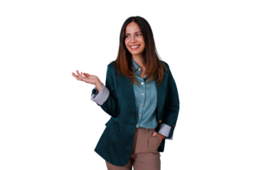 Happy businesswoman presenting business concepts with an open hand gesture, smiling, looking away on transparent background