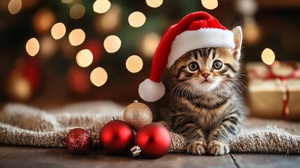 Adorable kitten with Santa hat ready for Christmas festivities, perfect for heartwarming holiday campaigns and cheerful seasonal greetings now
