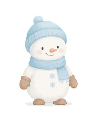 Cute vector illustration of a winter snowman in pastel colors. Hand-drawn cartoon snowman for Christmas designs, children's prints, greeting cards, stickers. Isolated on a white background.