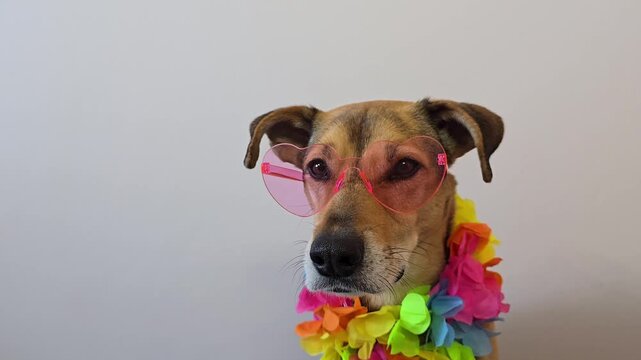 Funny dog in Hawaiian costume with heart sunglasses sitting with copy space. mongrel dog wearing bright Hawaiian lei and pink sunglasses, posing as summer mascot with humorous and playful mood