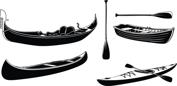 Black silhouette vector illustration of traditional rowing boats and paddles with detailed shapes and curves for water travel and sports