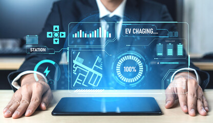 Charging interface for electric vehicles showing real-time battery level, charging status, power output, station location, and navigation for efficient energy management Vouch