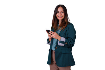 Professional woman smiling, holding smartphone, looking away in business casual attire with transparent background