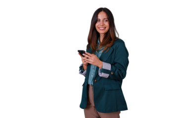 Professional woman smiling, holding smartphone, looking away in business casual attire with transparent background