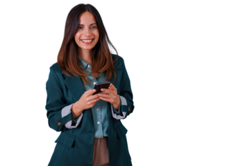 Professional woman smiling, using mobile phone, texting, and communicating. Background is transparent