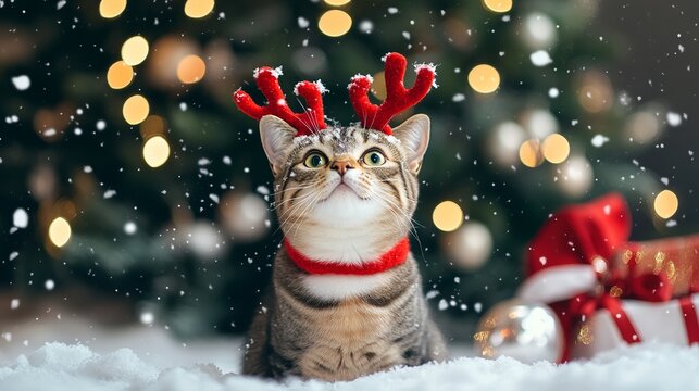 Adorable tabby kitten celebrates a magical Christmas with reindeer antlers and a bright holiday tree, spreading joy and festive cheer this season - Powered by Adobe