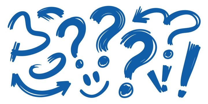 Blue question marks arrows and exclamation points with a smiley face on a white background art