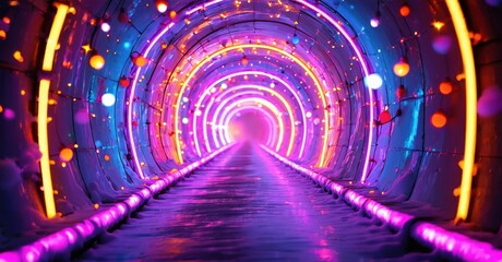Fototapeta premium Bright tunnel glows with vibrant neon lights. Circular patterns create depth, leading eyes toward distant light source. Futuristic, colorful scene.