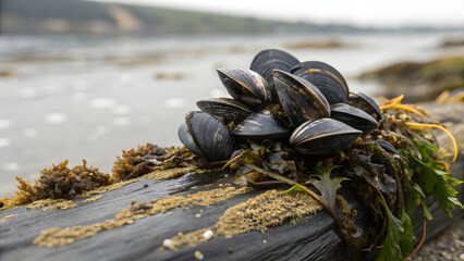 A small cluster of fresh whole mussels rests on a bed of damp, sea-sprayed seaweed atop a weathered driftwood slab—each shell a glossy, irregular oval of deep indigo
