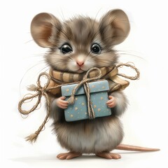 cute illustration of mouse holding gift box present on white background, holiday festive greeting card design
