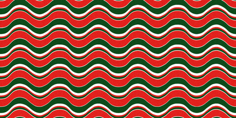Seamless Christmas pattern of wavy red, green, and white lines with glitter. Suitable for wallpapers, backgrounds, textiles, packaging, and paper. Vector illustration.