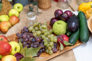 Autumn harvest fruits and vegetables still life on a table