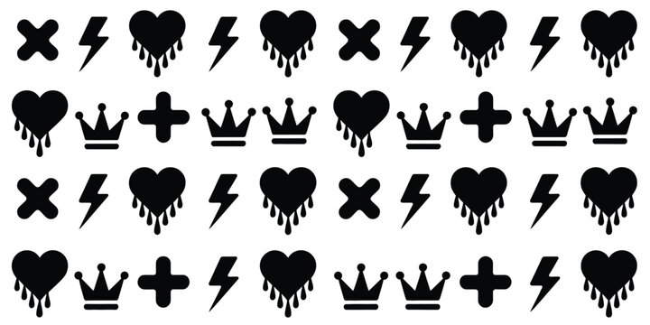A pattern of black symbols including hearts crowns lightning crosses and plus signs on a white background