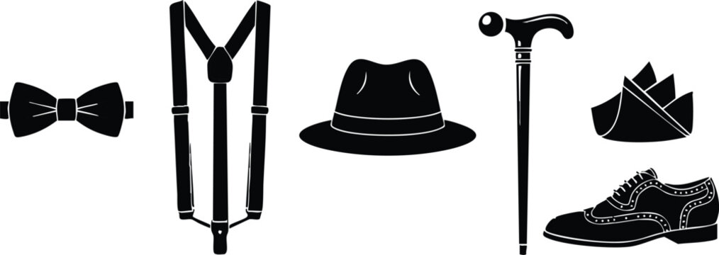 Vintage mens accessories bow tie suspenders fedora hat cane leather shoes classic style vector illustration