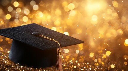 Celebrate academic achievement with this graduation cap against a bokeh golden background, perfect for university promotions and educational success stories