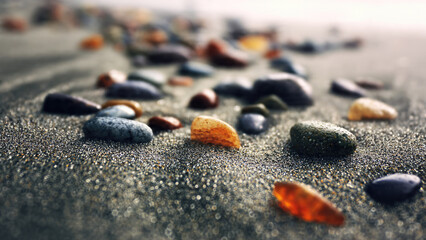 Vibrant, smooth pebbles scattered on dark, sparkling wet sand, showcasing natural textures and a serene beach scene with beautiful bokeh.