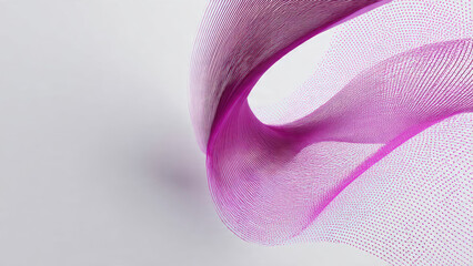 A dynamic, abstract magenta form composed of fine, flowing lines, creating a sculptural, wave-like illusion against a minimalist grey background, evoking motion and modern design.