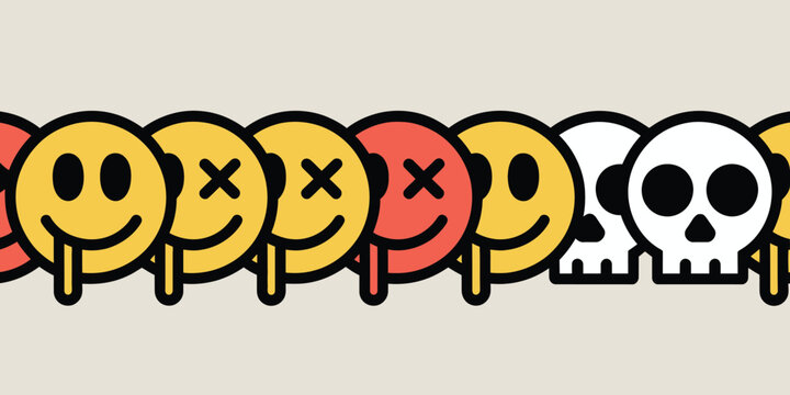A row of dripping smiley faces and skull icons in yellow red and white on a light beige background