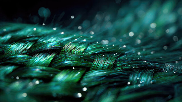 Close-up of vibrant green woven fibers, glistening with numerous tiny, sparkling water droplets against a blurred dark background.